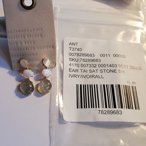 Anthropologie 3 tiered stone 1 drop post earrings Gold over brass New with tags - Picture 2 of 7